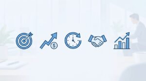Icons representing core sales KPIs: conversion rate, growth, timing, and deals closed