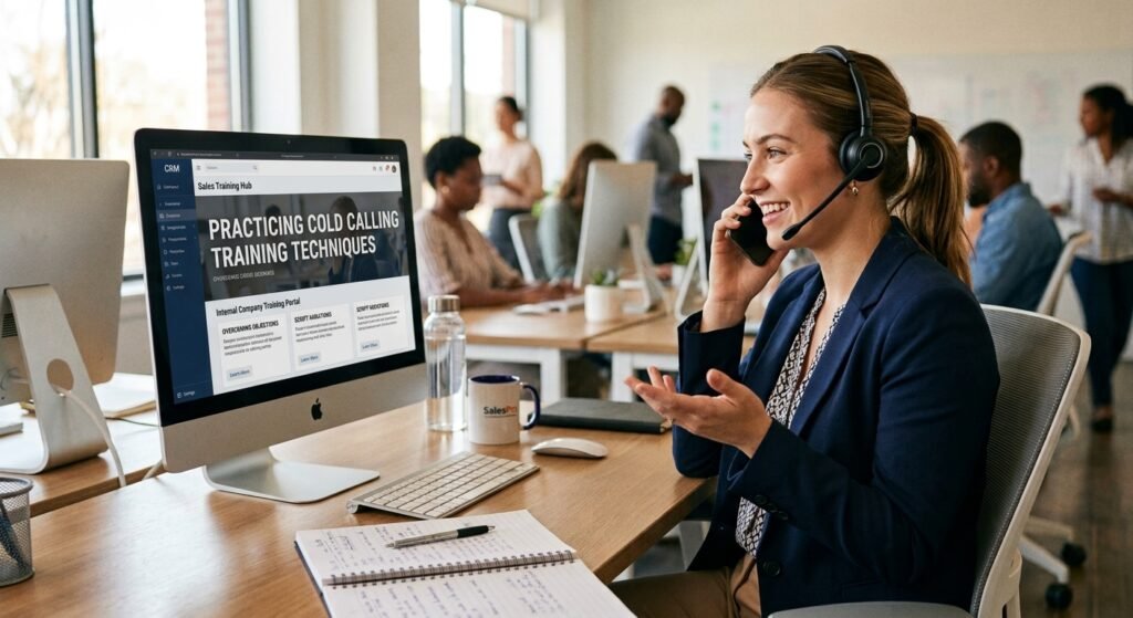 Sales rep practicing cold calling training techniques on a call